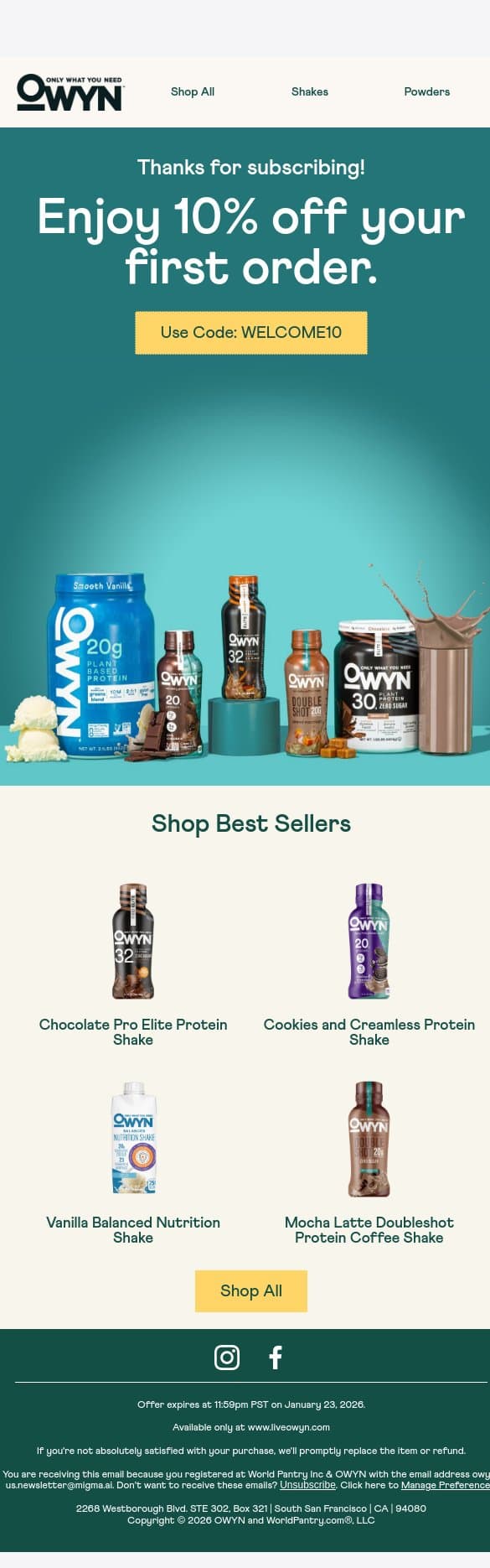Open for your welcome offer ⏰ email from OWYN screenshot