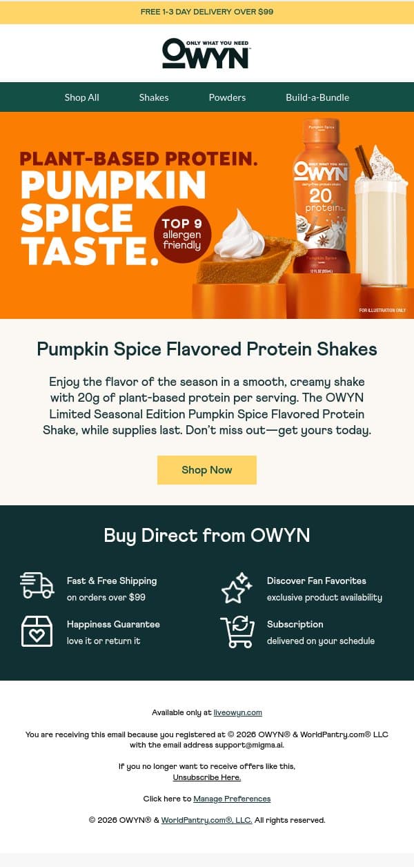 Pumpkin Spice Flavored Protein Shakes—Don’t Miss Out! email from OWYN screenshot