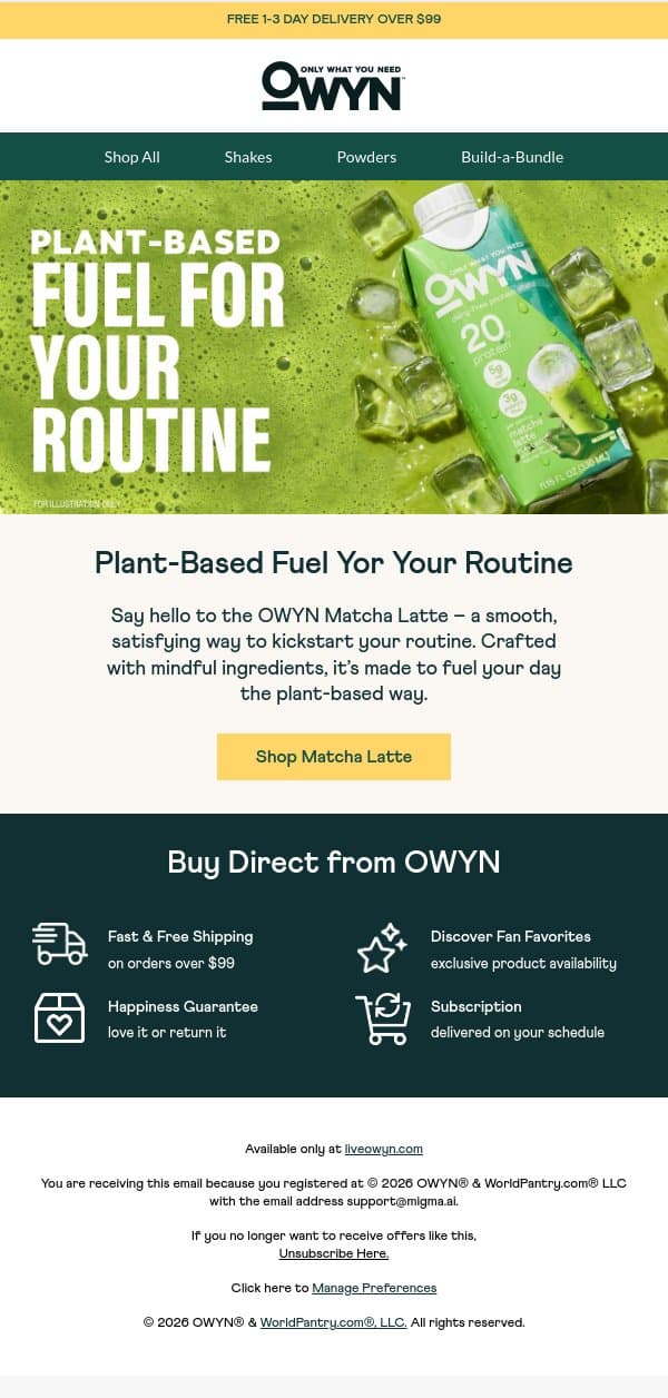 Meet OWYN Matcha Latte email from OWYN screenshot