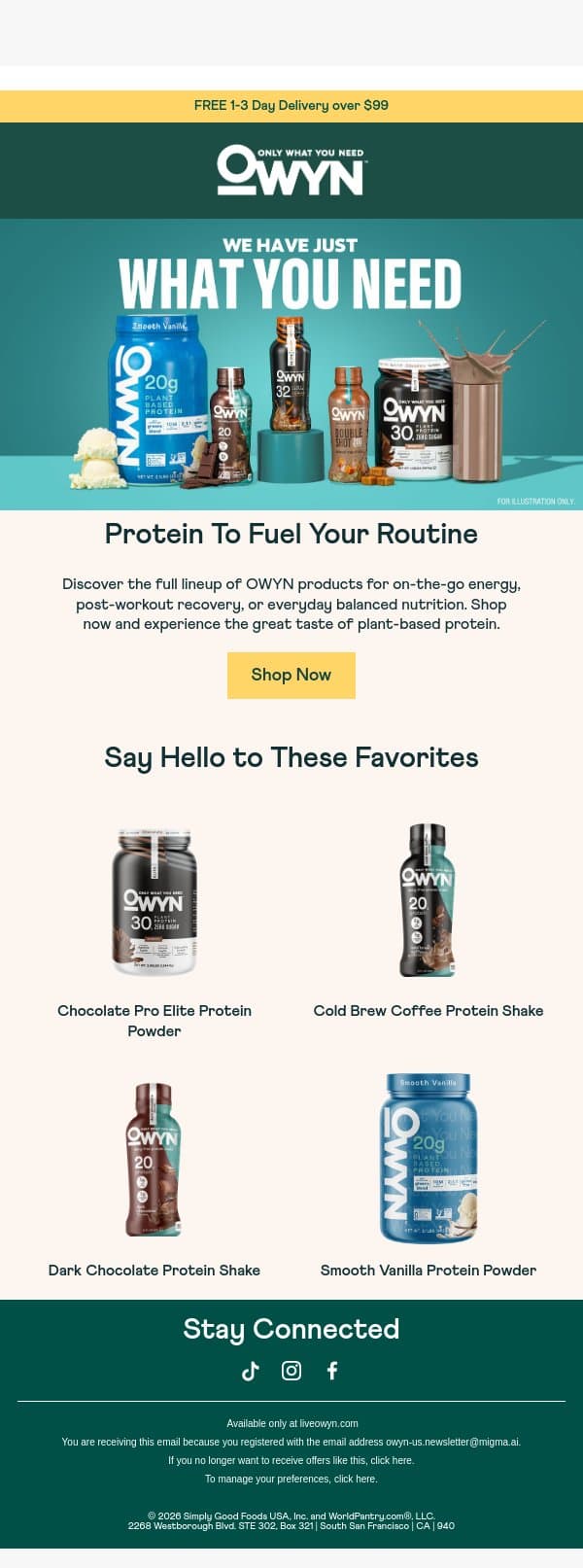 OWYN has the protein that fuels your routine email from OWYN screenshot