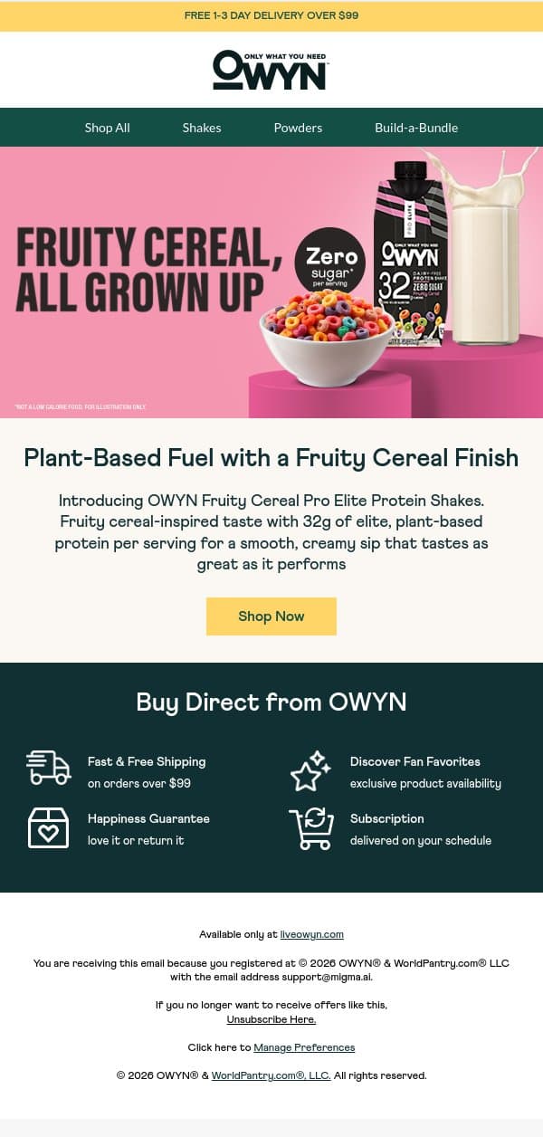 Introducing the OWYN Fruity Cereal Pro Elite Protein Shake email from OWYN screenshot