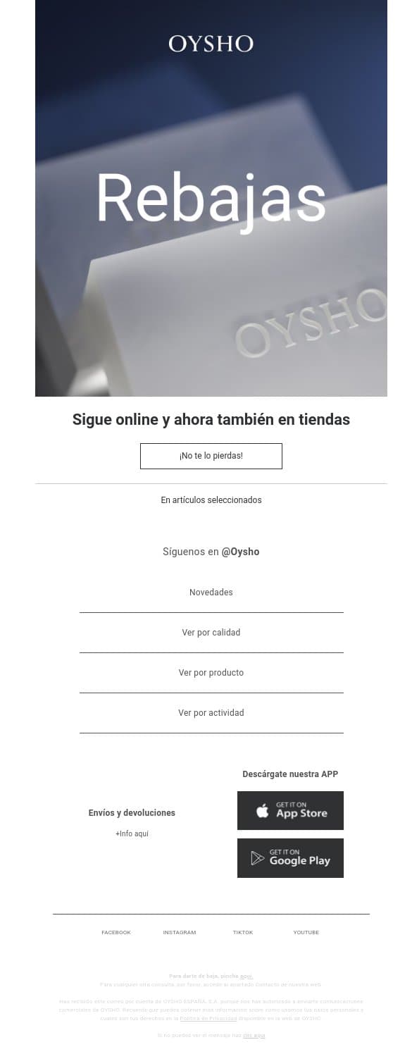 ¡Rebajas ahora también en tiendas!​​ email from Oysho screenshot