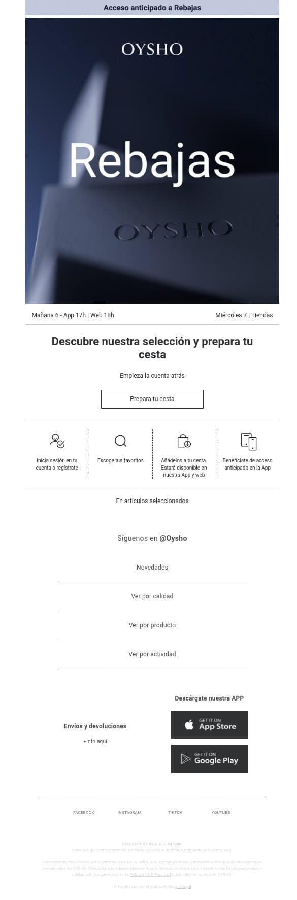 Prepara tu cesta email from Oysho screenshot