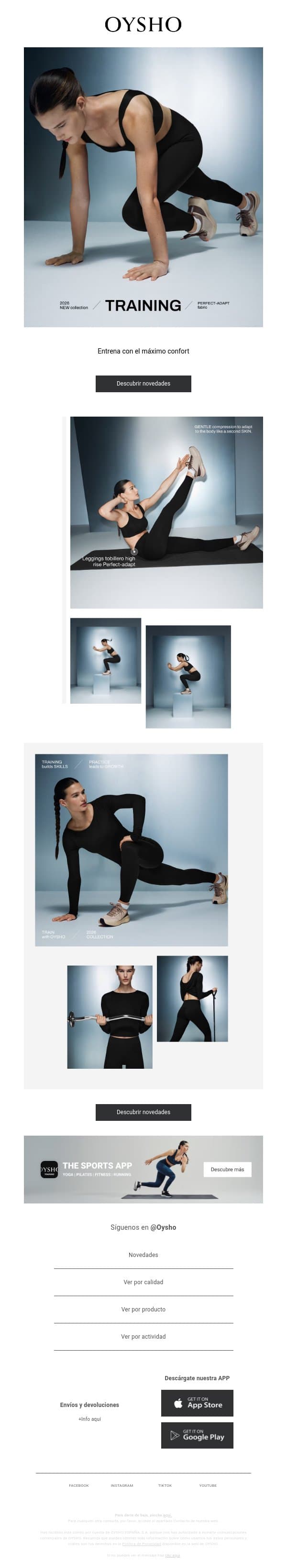 Tops, camisetas y leggings email from Oysho screenshot