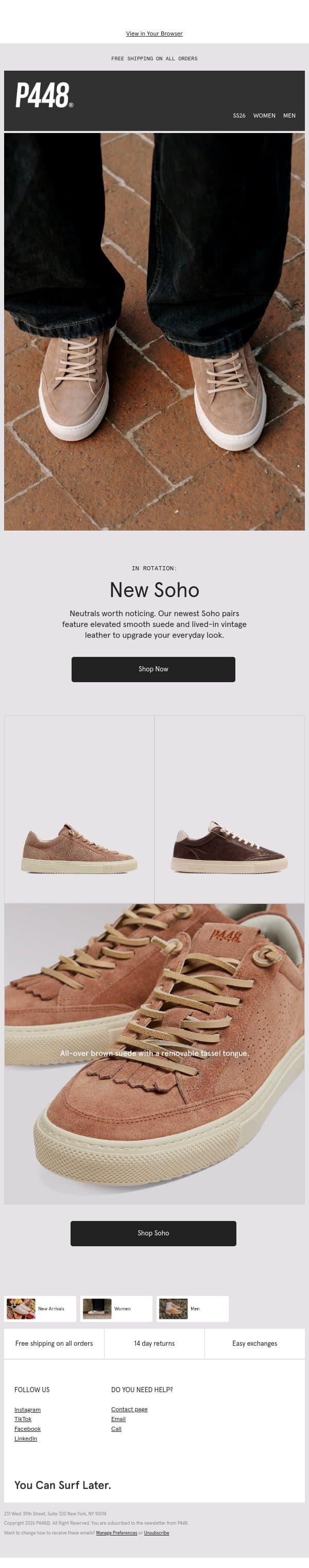 Smooth Suede or Lived-In Leather email from P448 screenshot