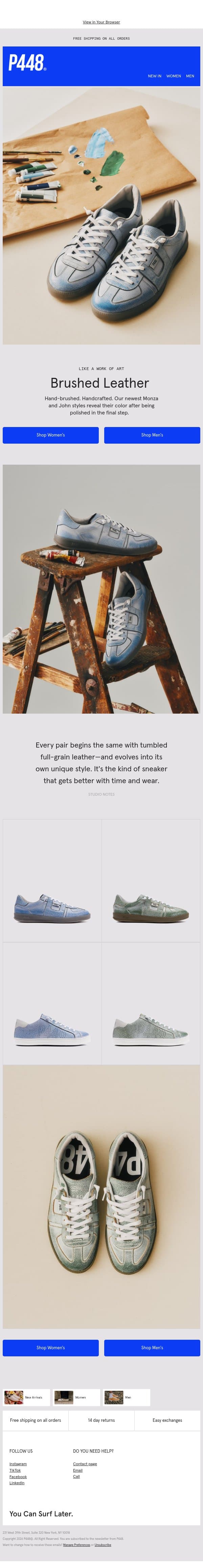 From the Studio: Hand-Brushed Leather email from P448 screenshot