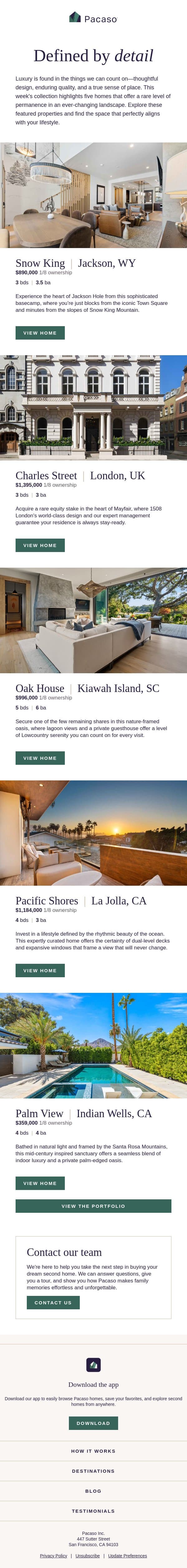 Five homes, one distinct feeling email from Pacaso screenshot