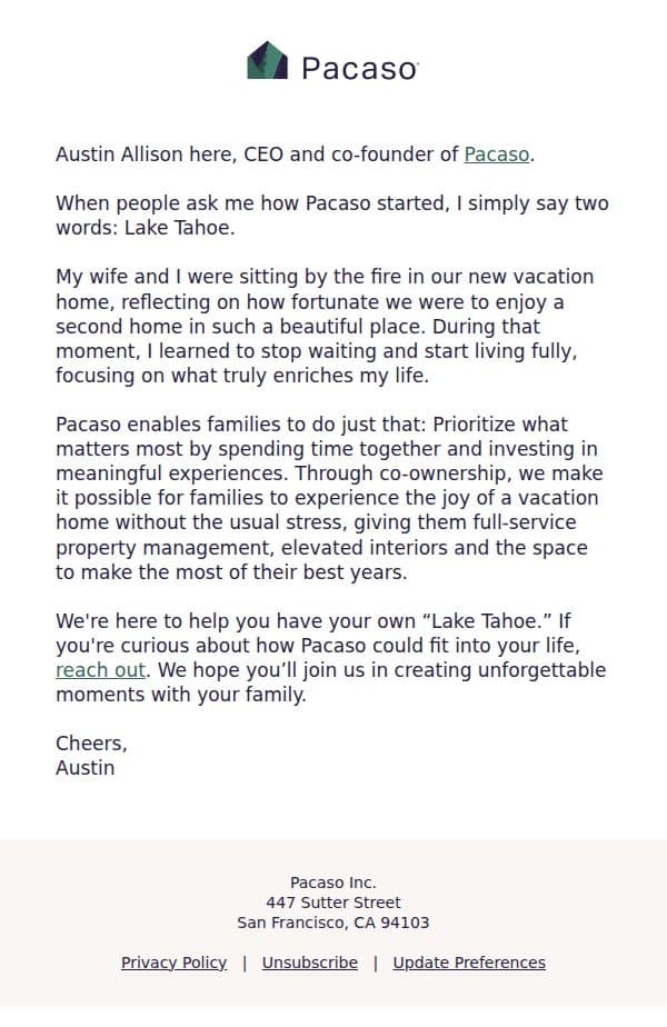 I’m so glad you're here email from Pacaso screenshot