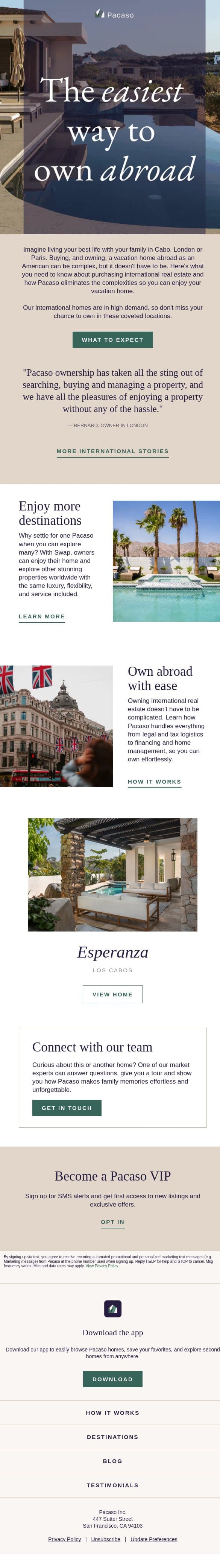 Owning a vacation home abroad is no longer a hassle email from Pacaso screenshot