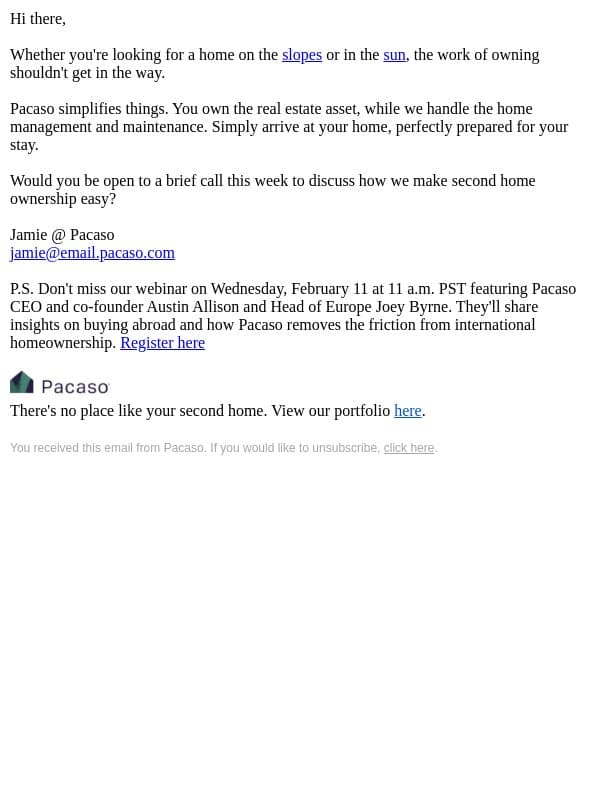 Own the escape, not the upkeep email from Pacaso screenshot