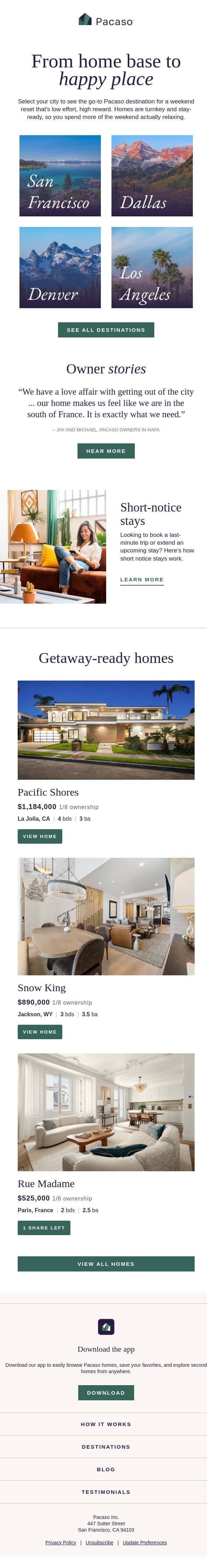 Weekend, simplified: choose your city email from Pacaso screenshot
