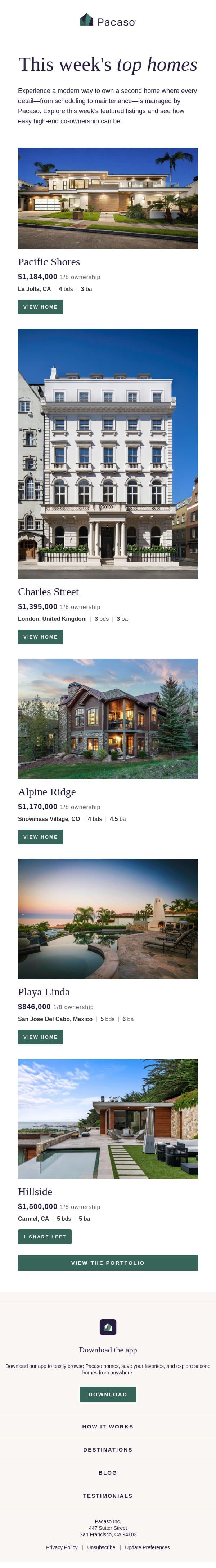 5 homes. 1 effortless way to own. email from Pacaso screenshot