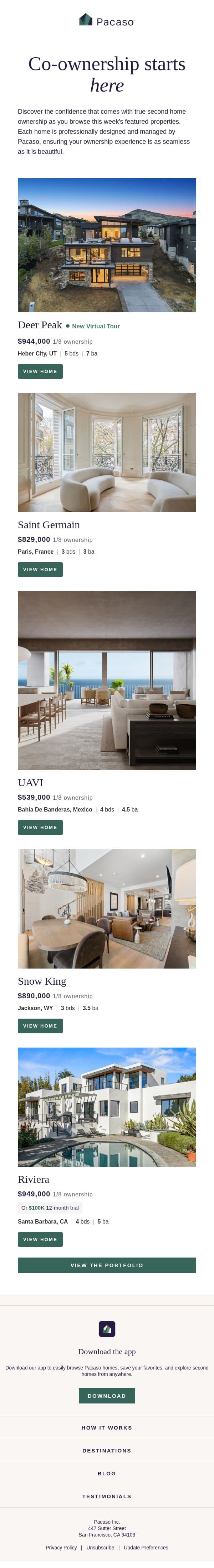 Co-own the world's best homes email from Pacaso screenshot