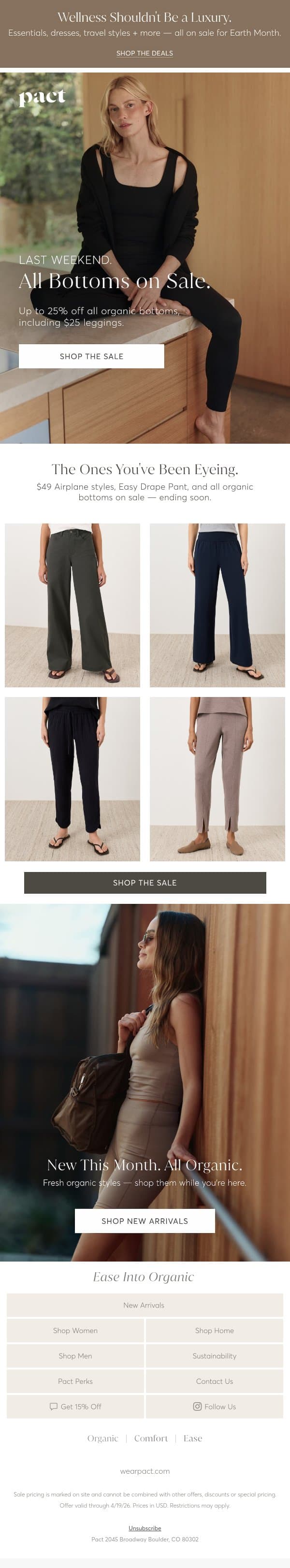 Bottoms Sale Ends Sunday. email from Pact screenshot