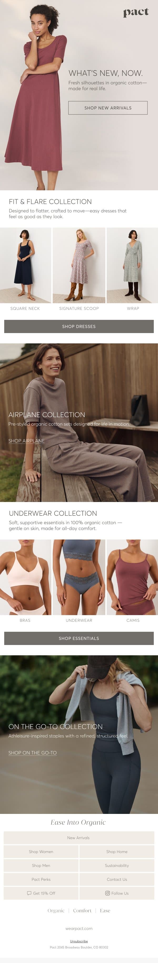 Just In: New Arrivals for Spring email from Pact screenshot