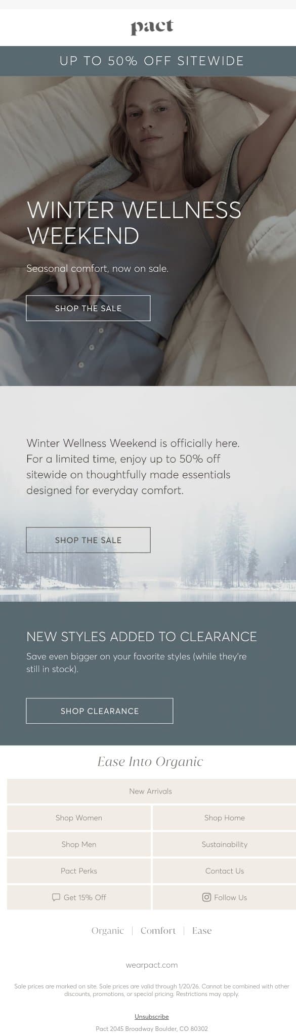 Up to 50% Off Sitewide. This Weekend Only. email from Pact screenshot