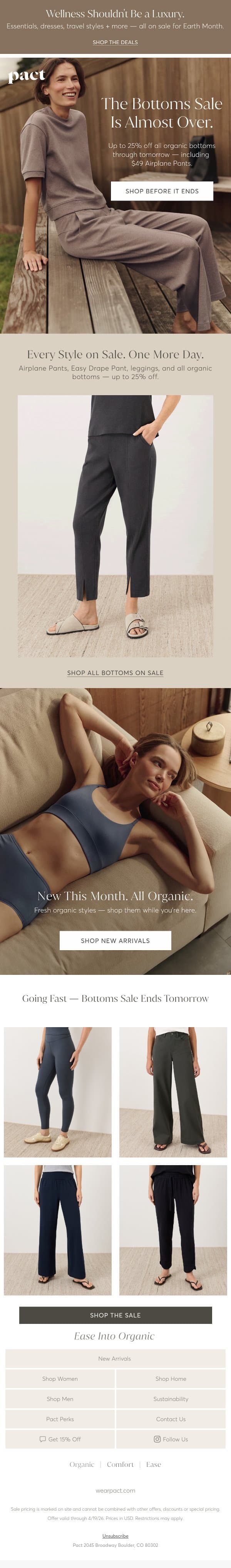 All Organic Bottoms on Sale. Ends Tomorrow. email from Pact screenshot
