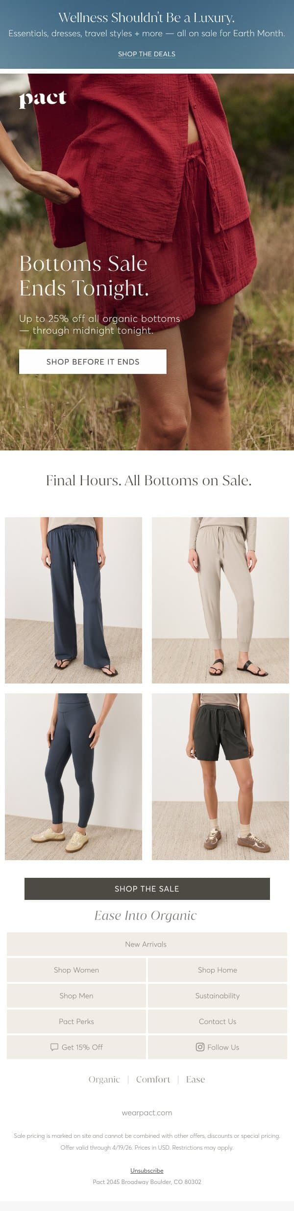 Ends Today: All Organic Bottoms on Sale. email from Pact screenshot