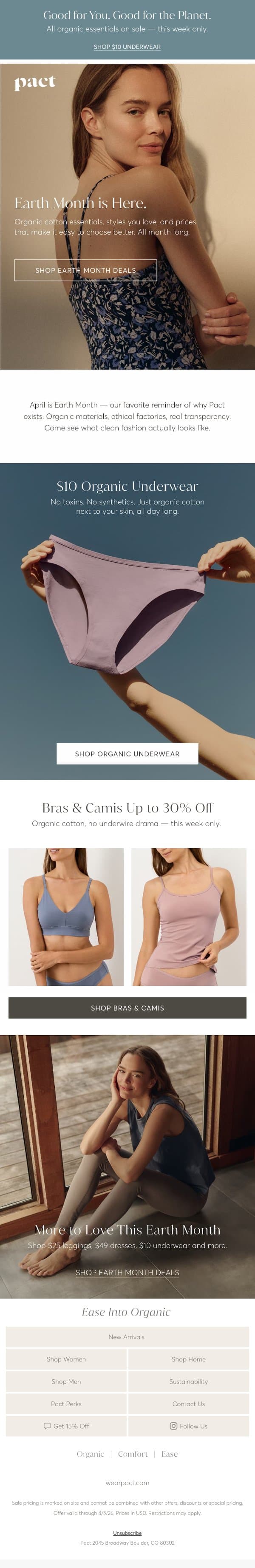 $10 Organic Underwear + Our Best Earth Month Deals. email from Pact screenshot