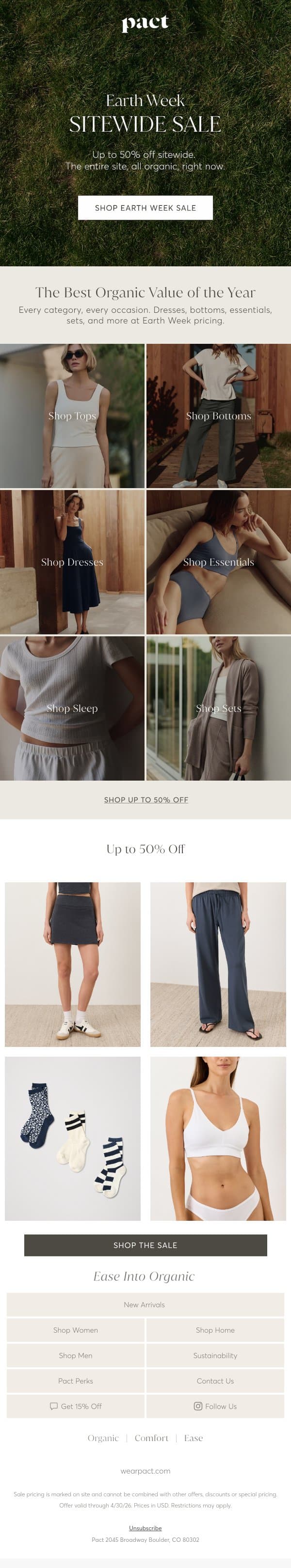 Your Organic Weekend Starts Now. Up to 50% Off. email from Pact screenshot