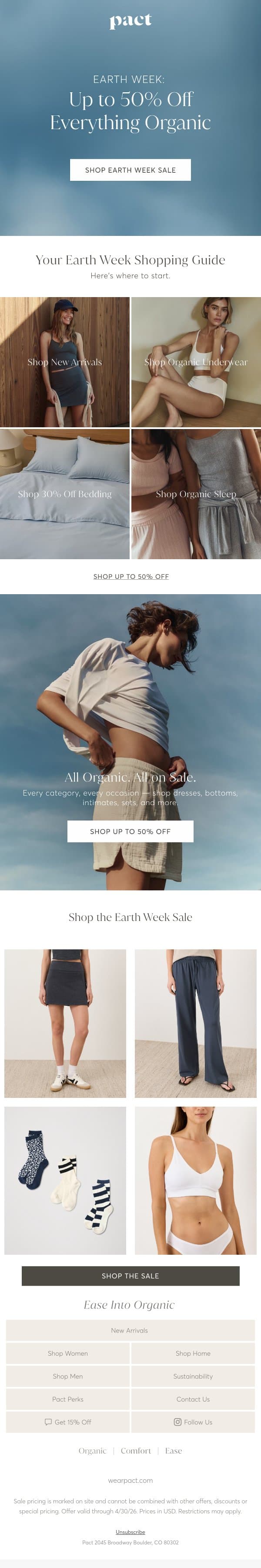 Earth Week is Here — Entire Site on Sale. email from Pact screenshot