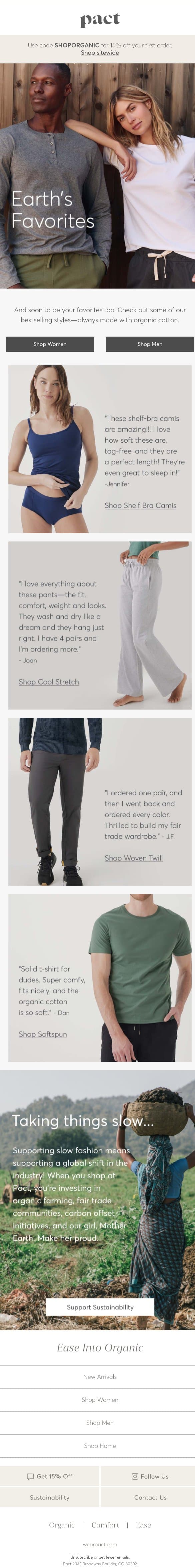Want 15% off? You got it! email from Pact screenshot