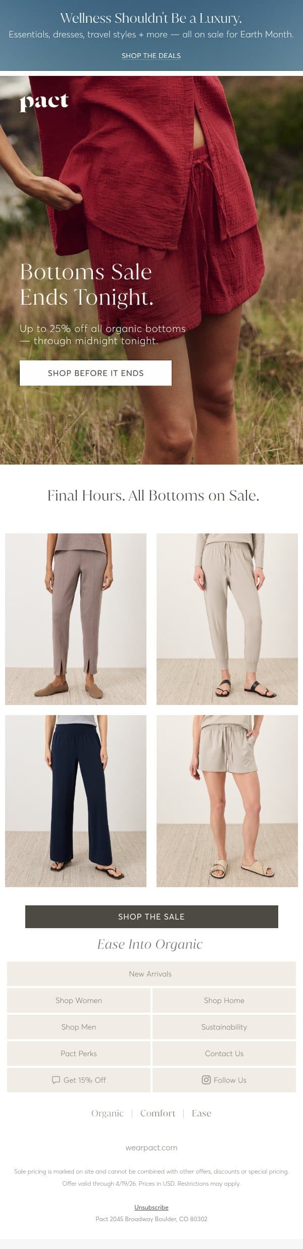Last Call — Organic Bottoms Sale Ends Tonight. email from Pact screenshot
