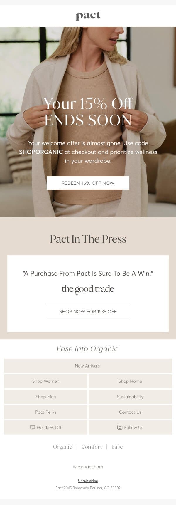 Your 15% Off is Expiring Soon email from Pact screenshot