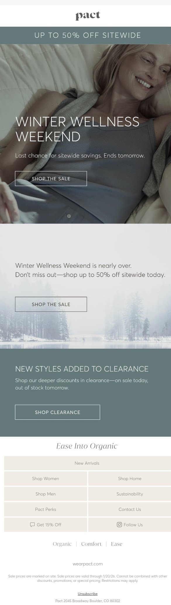 Save Up to 50% on Organic Essentials email from Pact screenshot