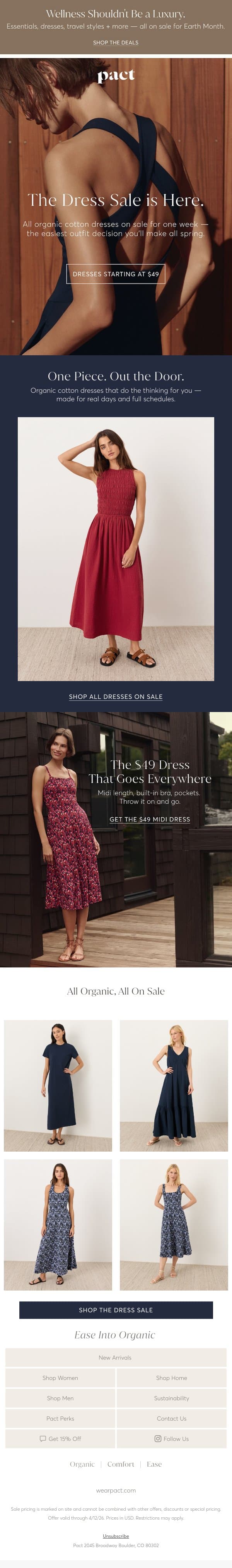 The Dress Sale is On — Styles From $49. email from Pact screenshot