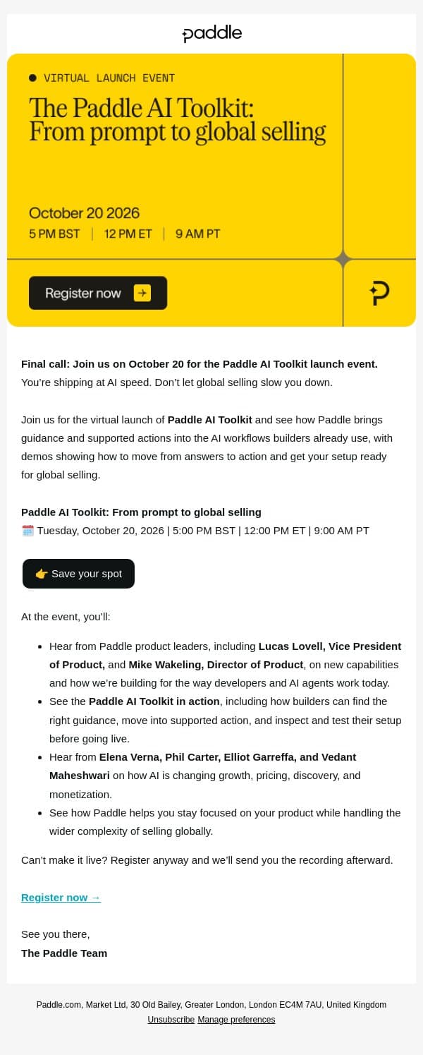 Final call: see the Paddle AI Toolkit in action email from Paddle screenshot