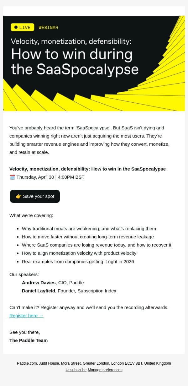 Live webinar: How to Win in the SaaSpocalypse email from Paddle screenshot