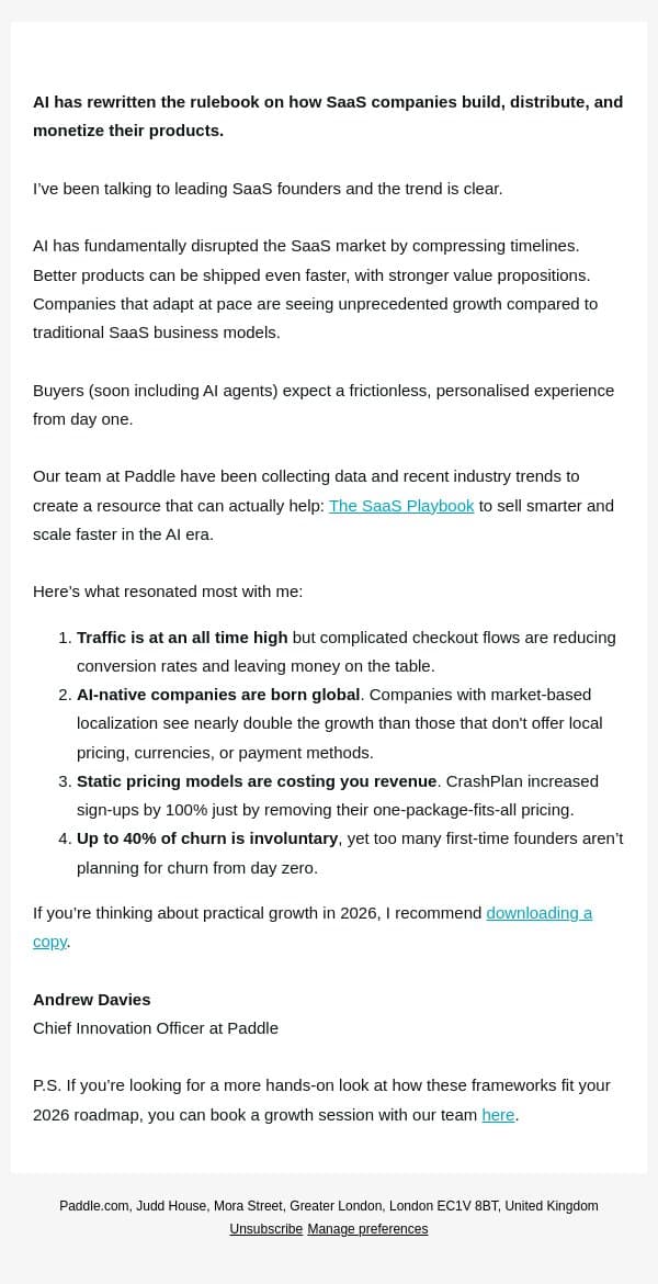 Keeping up with AI-native growth in 2026 email from Paddle screenshot