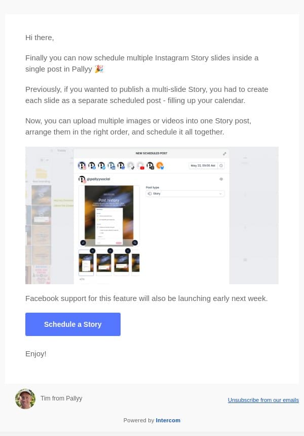 New: Schedule multiple Story slides in one post email from Pallyy screenshot