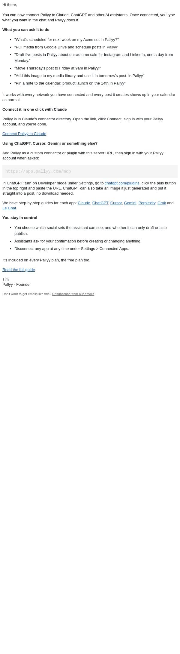 Schedule your posts from Claude or ChatGPT with Pallyy! email from Pallyy screenshot