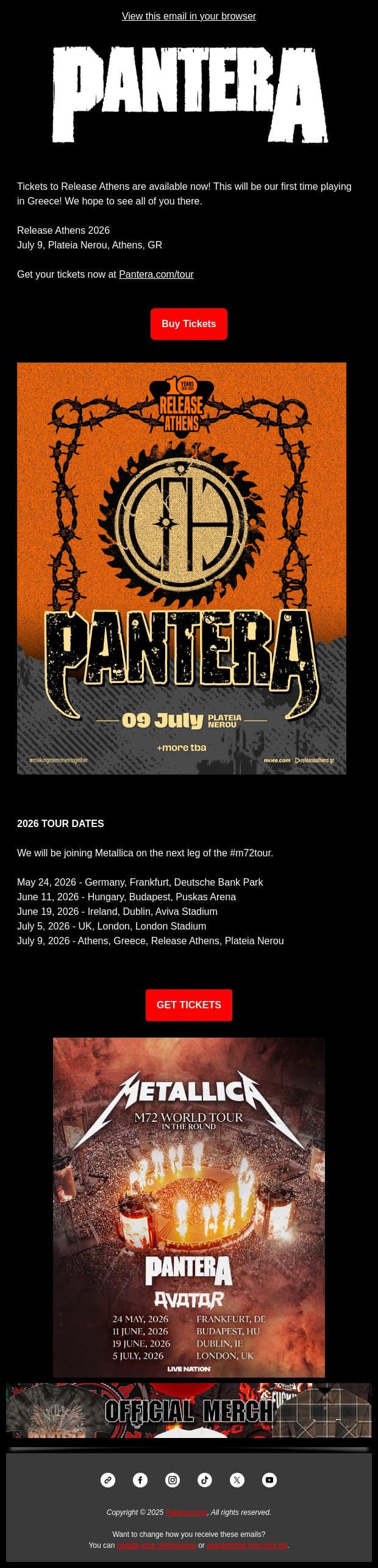 Tix on-sale now for Release Athens! First show in Greece 🤘 email from Pantera screenshot
