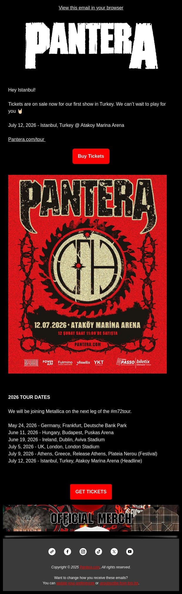 Tix on-sale now for Istanbul! Our first time playing in Turkey 🤘 email from Pantera screenshot
