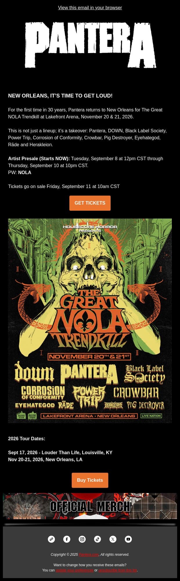 The Great NOLA Trendkill - Nov 20 & 21, 2026 email from Pantera screenshot