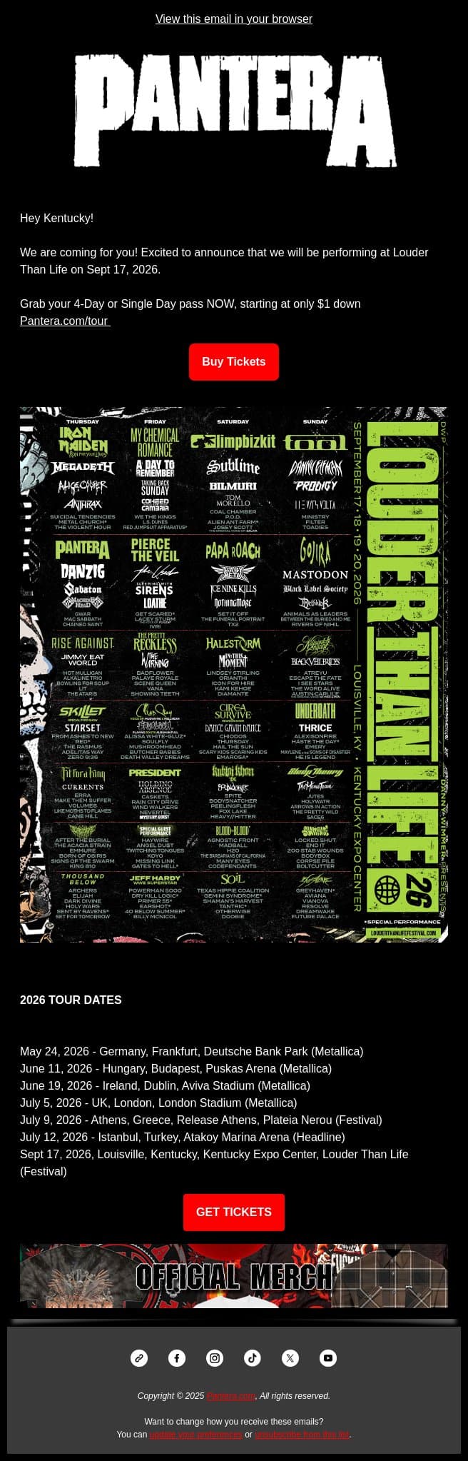 We are playing Louder Than Life! 9/17/26 email from Pantera screenshot