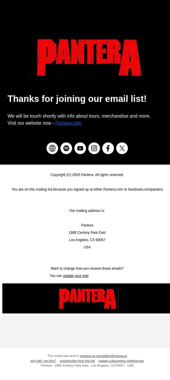 Welcome to the Pantera email list email from Pantera screenshot