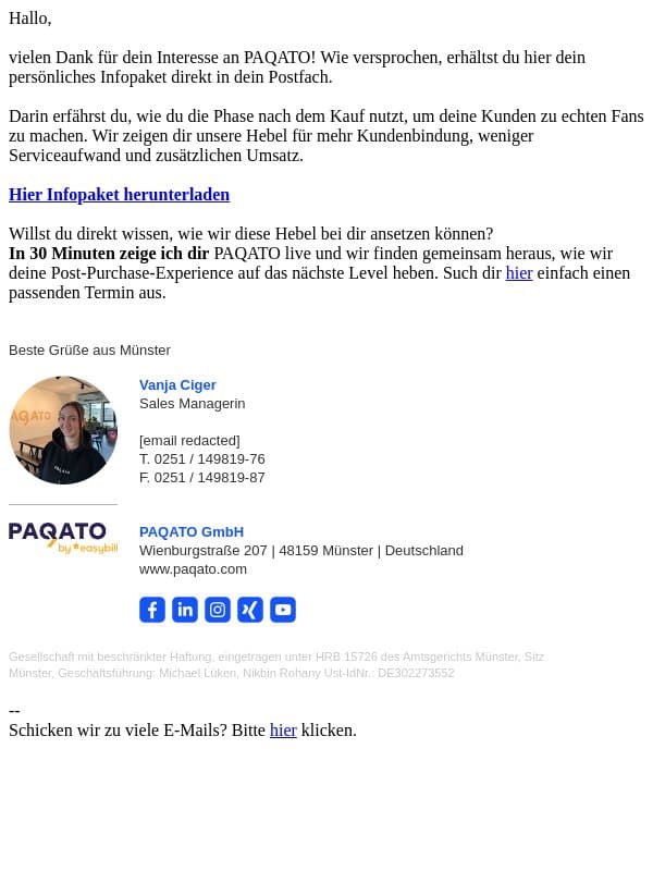 Dein PAQATO Infopaket email from PAQATO screenshot