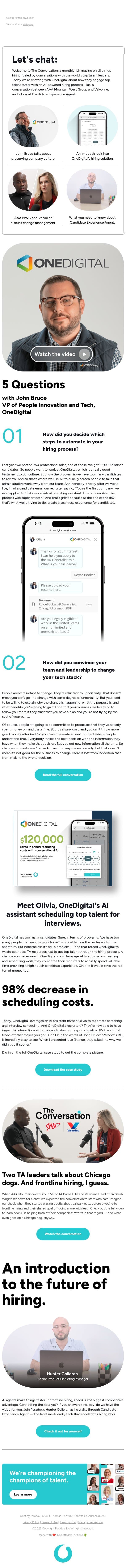 How AI-powered hiring preserves company culture. | The Conversation Issue #19 email from Paradox screenshot