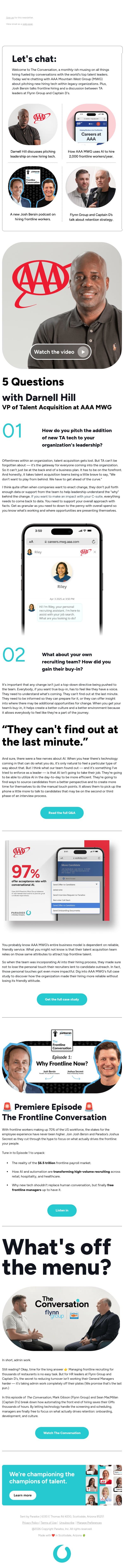 Roadside assistant 🤝 hiring assistant | The Conversation Issue #20 email from Paradox screenshot