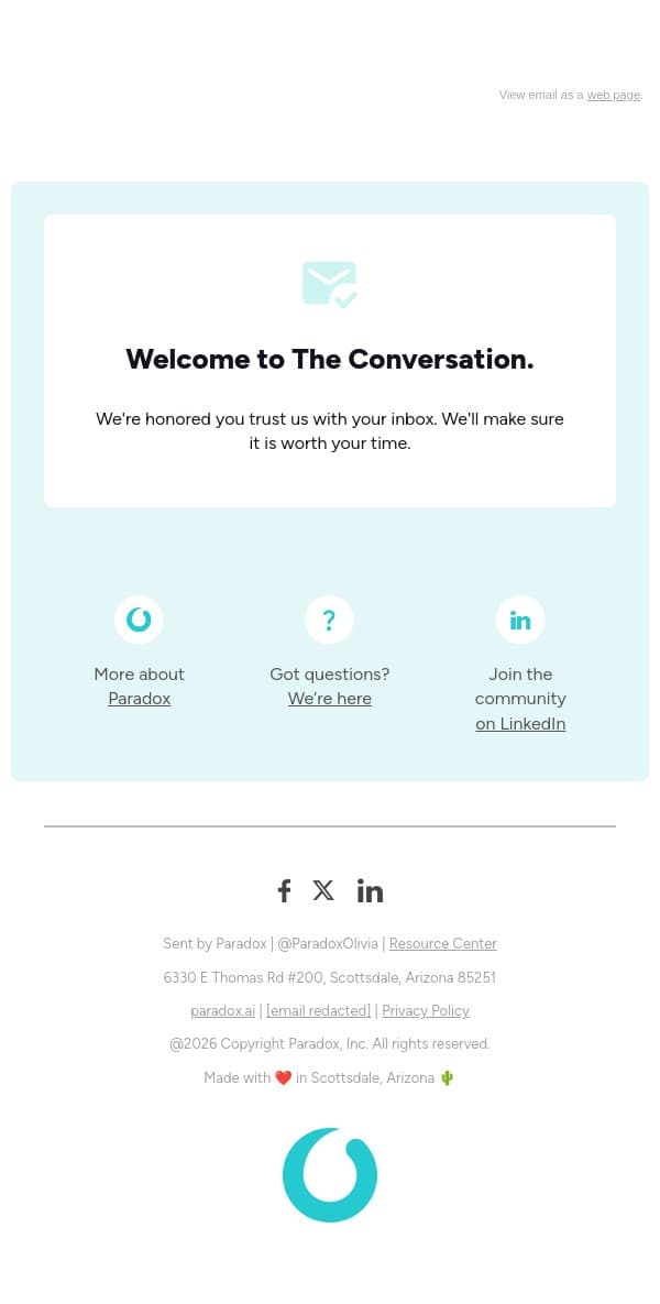 The Conversation by Paradox: Email sign up confirmation. email from Paradox screenshot
