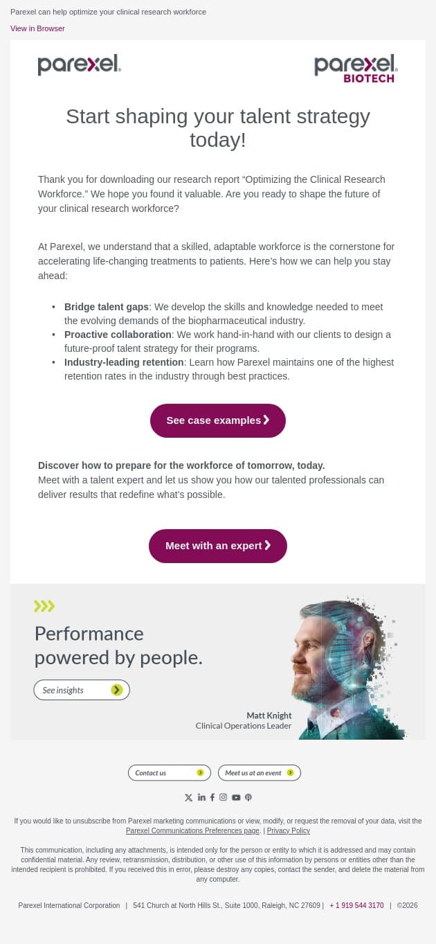 Let’s discuss your future talent strategy email from Parexel screenshot