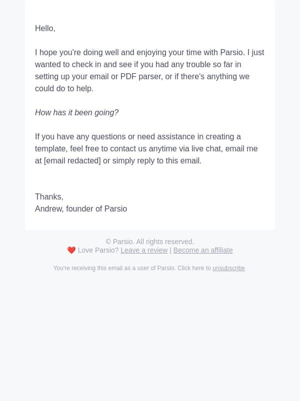 Checking in to see if you need help email from Parsio screenshot