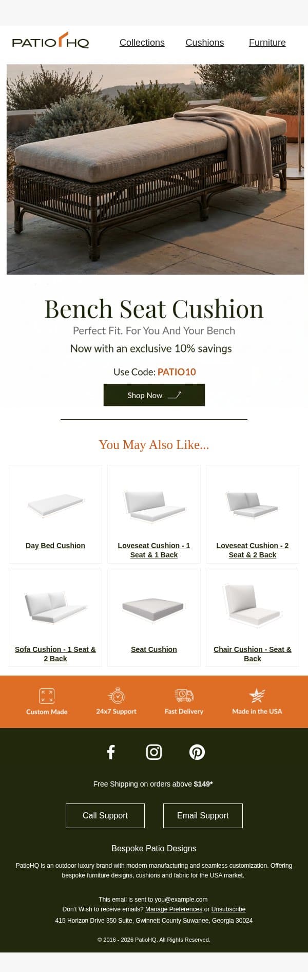 Upgrade Your Bench for Ultimate Comfort email from PatioHQ screenshot