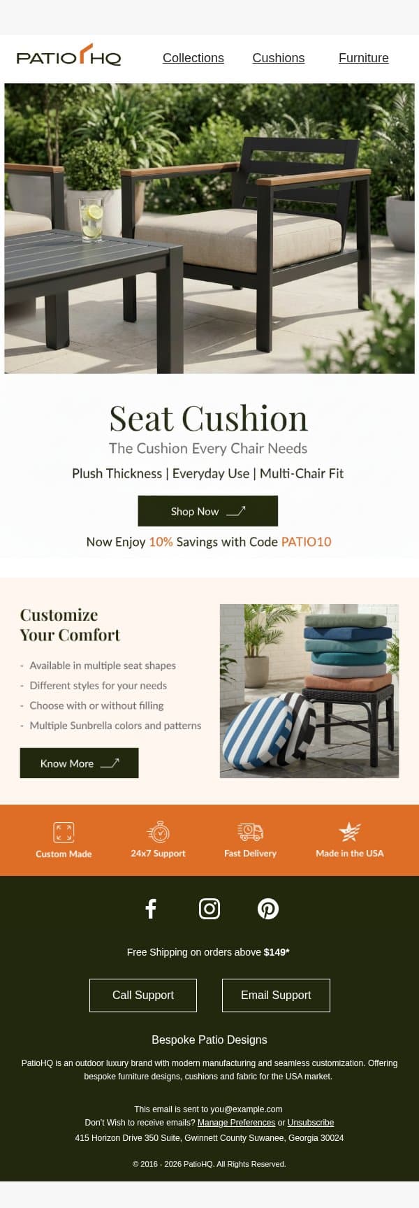 Your Perfect Fit: Cushions for Every Chair email from PatioHQ screenshot