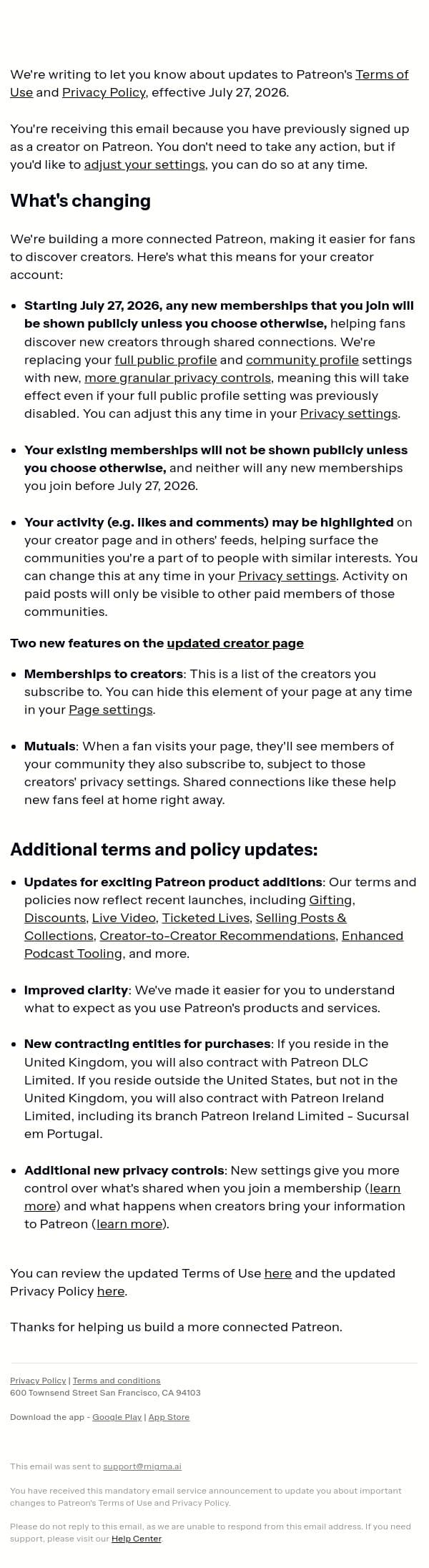 New Membership Visibility Settings & Updates to Patreon’s Terms and Privacy Policy email from Patreon screenshot