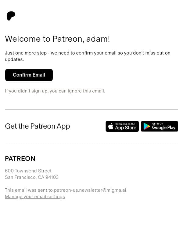 Confirm your email to get started on Patreon email from Patreon screenshot